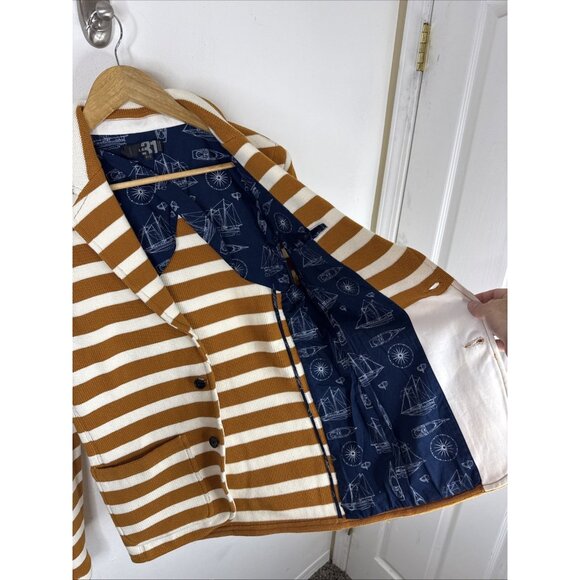 Le 31 Nautical Stripe Knit Cotton Blazer Brown White Men Small Cardigan Preppy - Picture 7 of 8